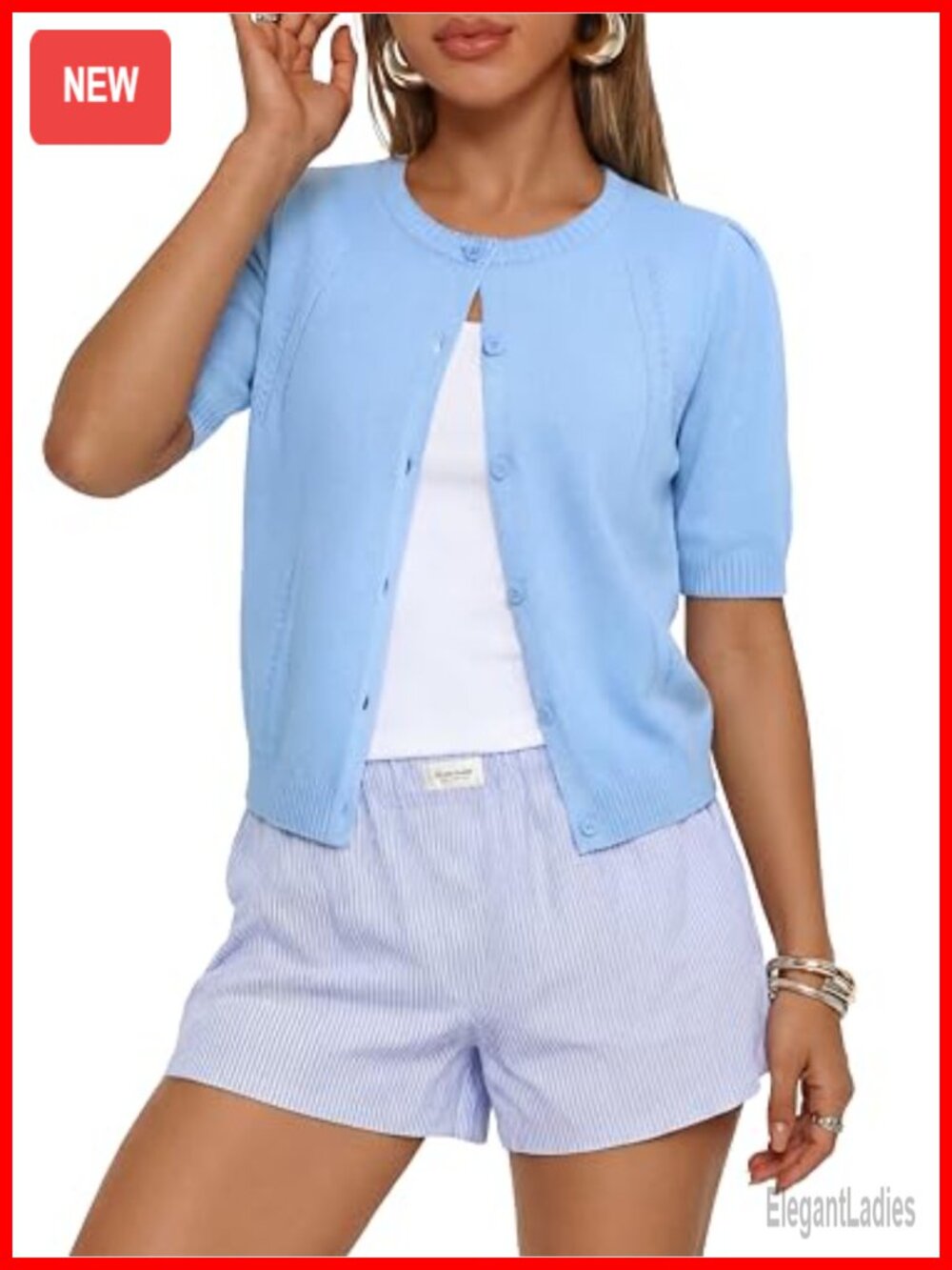 Short Sleeve Cropped Cotton Cardigan with Button Front - Crew Neck Knit Sweater